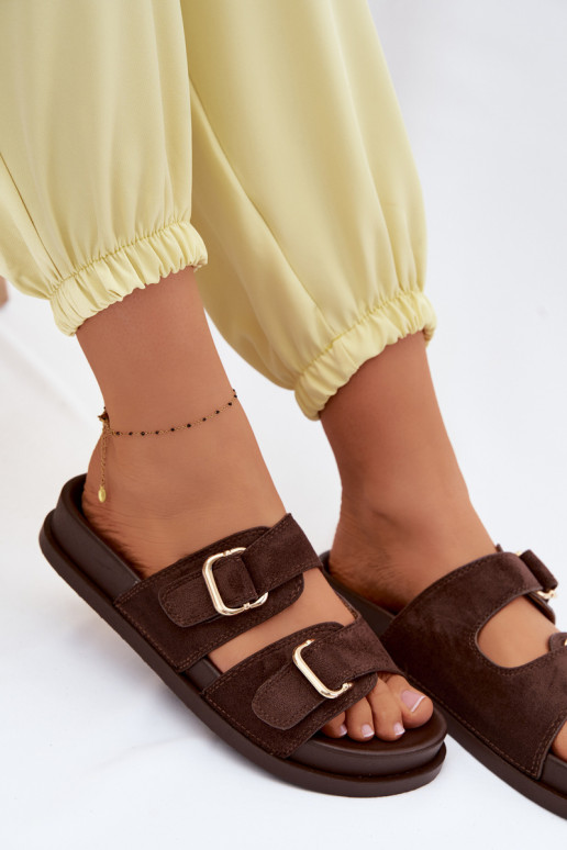 Women's Chocolate Pelorin Slippers With Gold Buckles
