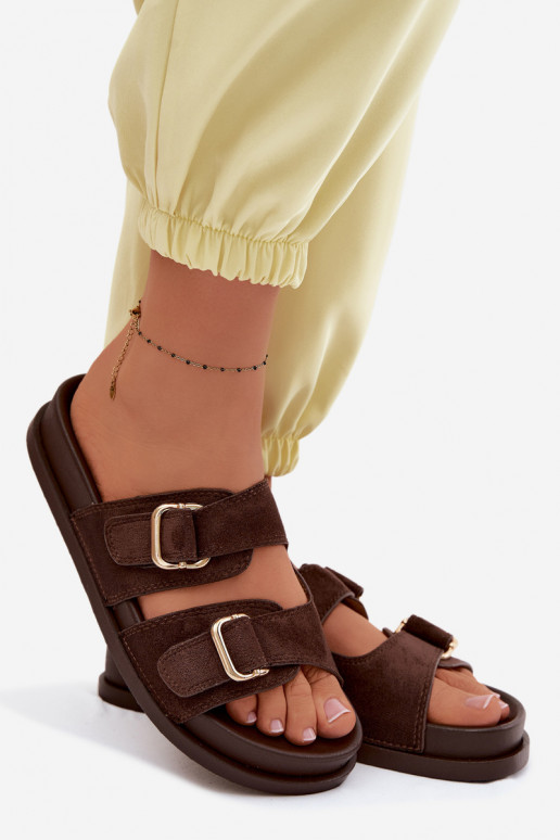 Women's Chocolate Pelorin Slippers With Gold Buckles