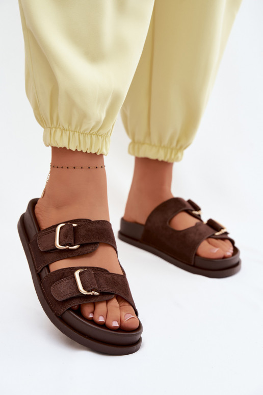 Women's Chocolate Pelorin Slippers With Gold Buckles