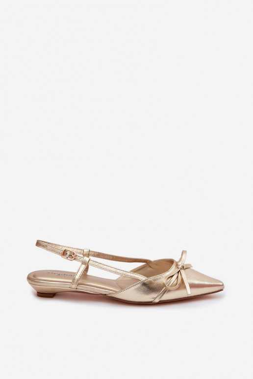 Golden women's sandals made of faux leather on a low heel Jelmera