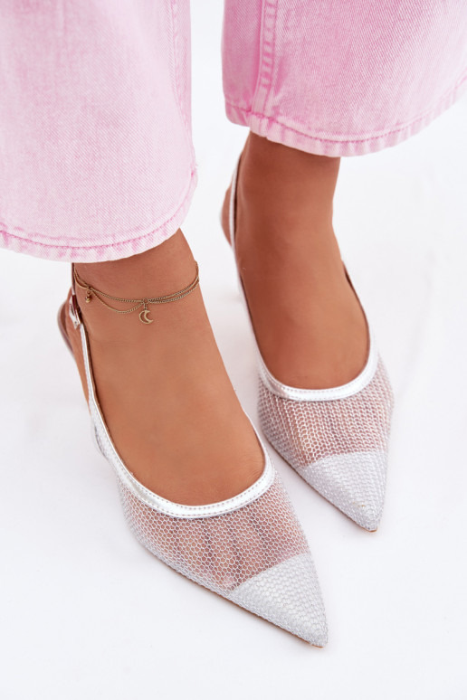 Calora Silver Mesh Sandals With Slim Heel