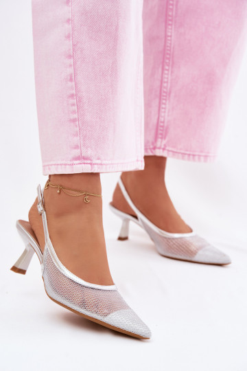 Calora Silver Mesh Sandals With Slim Heel 2