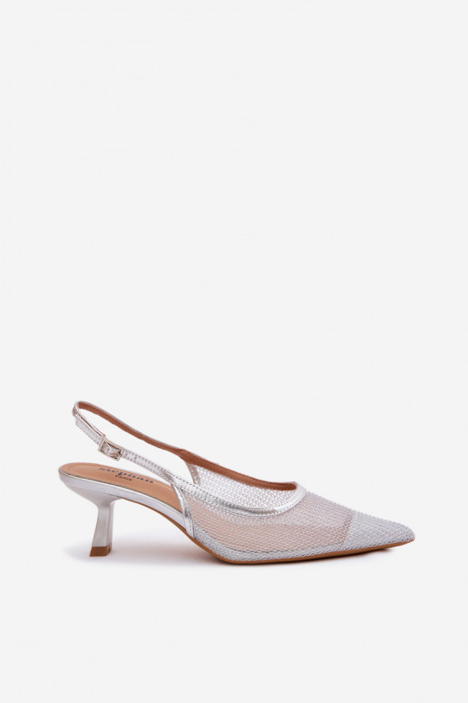 Calora Silver Mesh Sandals With Slim Heel