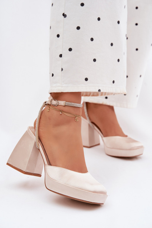 Sandały Damskie Na Masywnym Obcasie Typu Słupek PasekwithCyrkoniami Złote Seraphina