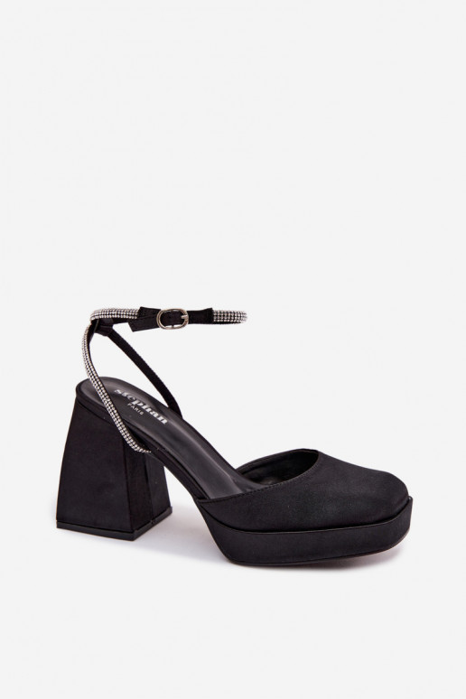 Women's Block Heel Sandals with Strap and Rhinestones Black Seraphina