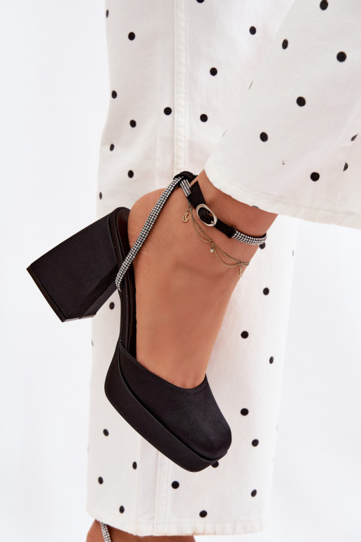 Women's Block Heel Sandals with Strap and Rhinestones Black Seraphina