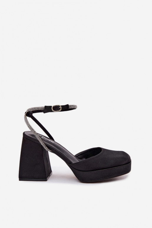 Women's Block Heel Sandals with Strap and Rhinestones Black Seraphina