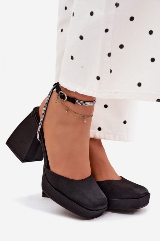 Women's Block Heel Sandals with Strap and Rhinestones Black Seraphina