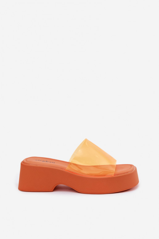 Women's orange platform slippers with transparent straps Selestia