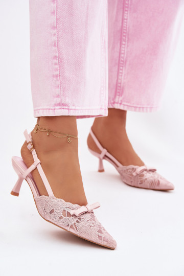 Women's Lace Heeled Sandals With Bow Pink Maribelle