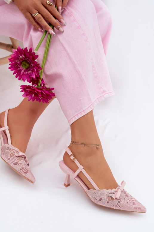Women's Lace Heeled Sandals With Bow Pink Maribelle
