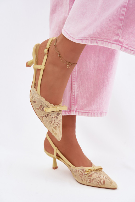 Lace Women's Heeled Sandals With Bow Yellow Maribelle