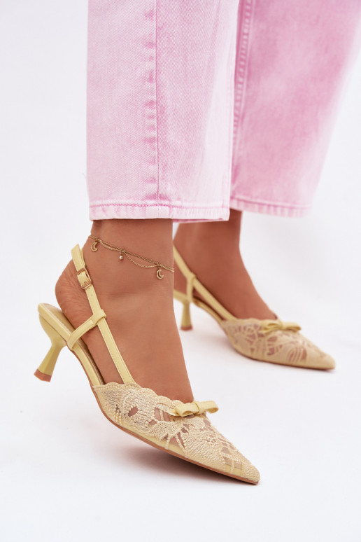 Lace Women's Heeled Sandals With Bow Yellow Maribelle