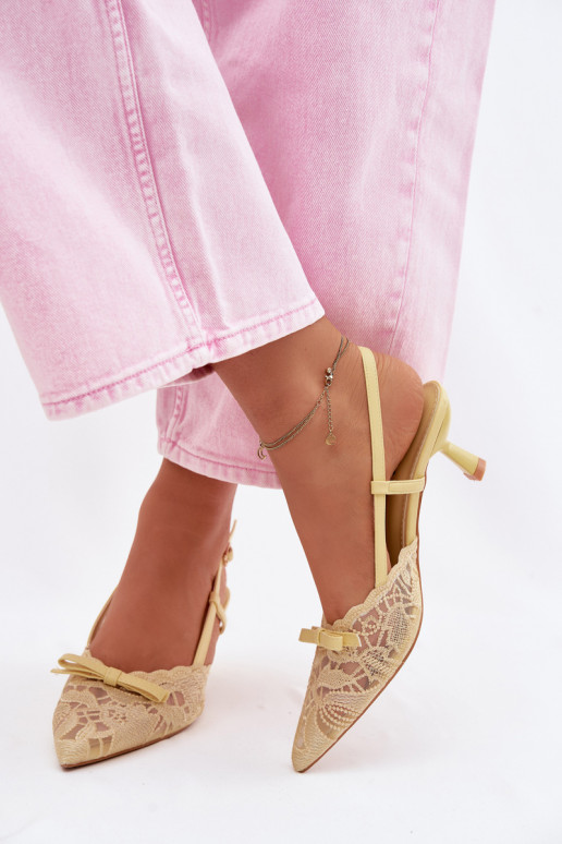 Koronkowe Sandały Damskie Na obcasiewithKokardką Żółte Maribelle