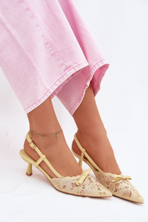 Lace Women's Heeled Sandals With Bow Yellow Maribelle