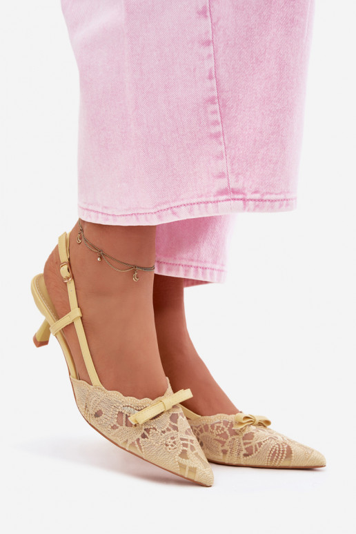 Lace Women's Heeled Sandals With Bow Yellow Maribelle