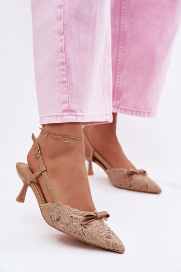 Women's Lace Heeled Sandals With Bow Beige Maribelle 2