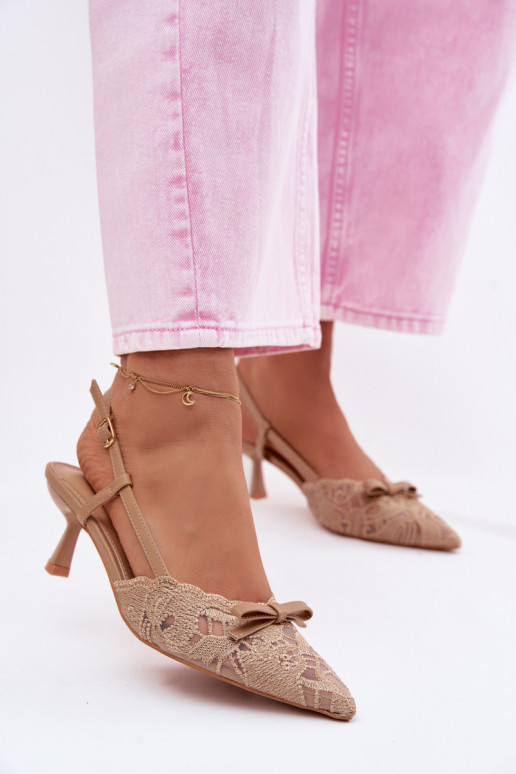 Women's Lace Heeled Sandals With Bow Beige Maribelle
