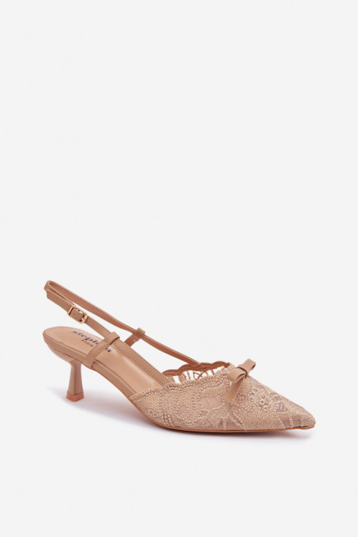 Koronkowe Sandały Damskie Na obcasiewithKokardką Beżowe Maribelle