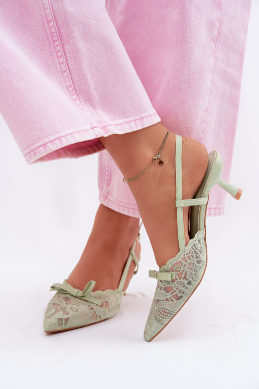 Lace Women's Heeled Sandals With Bow Green Maribelle