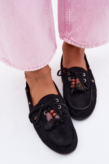 Women's Loafers With Fringes And Beads Black Teresa
