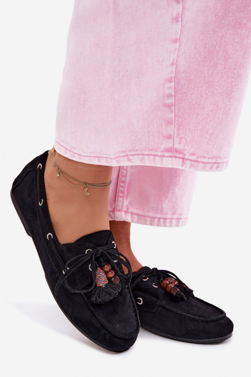 Women's Loafers With Fringes And Beads Black Teresa