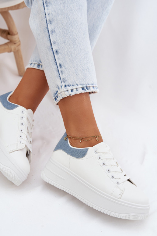 Women's Platform Sneakers With Imitation Leather White Blue Calinae