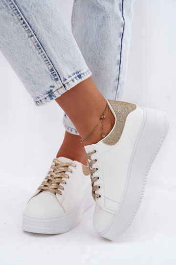 Women's Platform Sneakers With Imitation Leather White-Gold Glitter Calinae