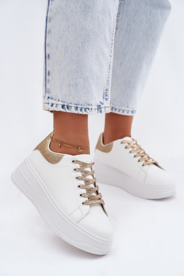 Białe i złote sneakersy damskie z platformą i blaskiem z sztucznej skóry Calinae 2