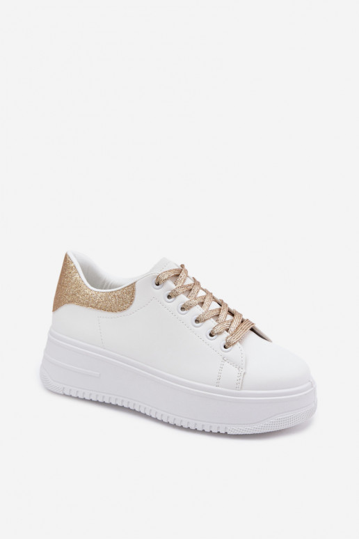 White and gold women's sneakers with platform and shine made of faux leather Calinae