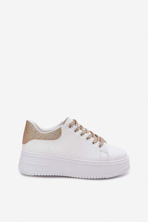 White and gold women's sneakers with platform and shine made of faux leather Calinae