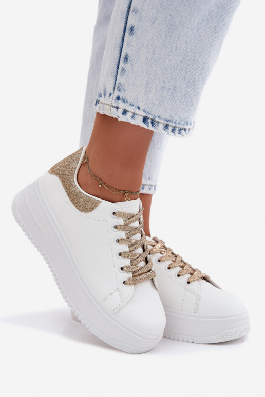 Białe i złote sneakersy damskie z platformą i blaskiem z sztucznej skóry Calinae