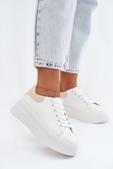 Sneakersy Damskie Na PlatformiewithImitacji Skóry Biało-Beżowe Calinae 2