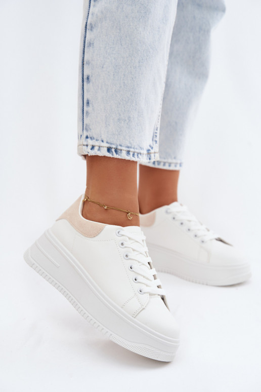 Sneakersy Damskie Na PlatformiewithImitacji Skóry Biało-Beżowe Calinae