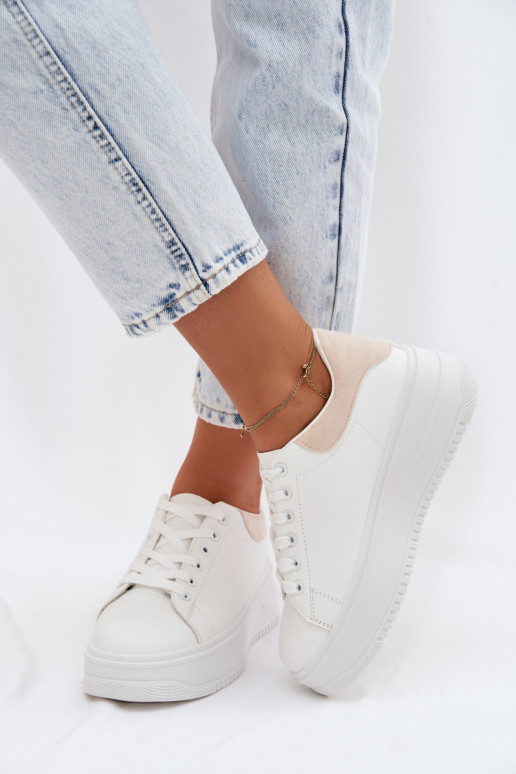 Sneakersy Damskie Na PlatformiewithImitacji Skóry Biało-Beżowe Calinae