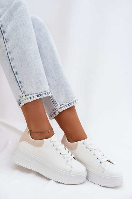 Women's Platform Sneakers With Faux Leather White-Beige Calinae