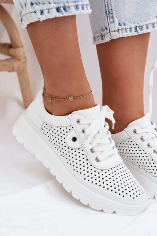 Leather Perforated Women's Shoes Vinceza 79629 White