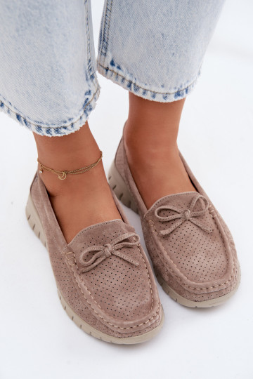 Women's Suede Loafers With Bow Vinceza Beige