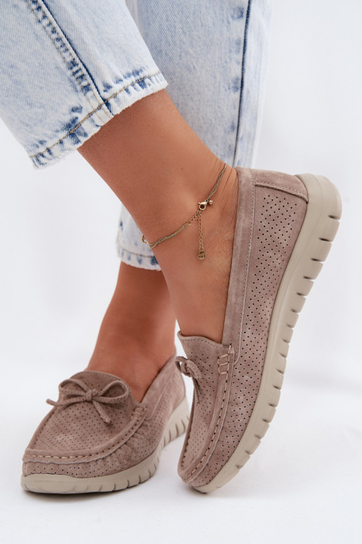 Women's Suede Loafers With Bow Vinceza Beige