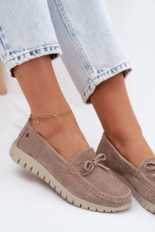 Women's Suede Loafers With Bow Vinceza Beige