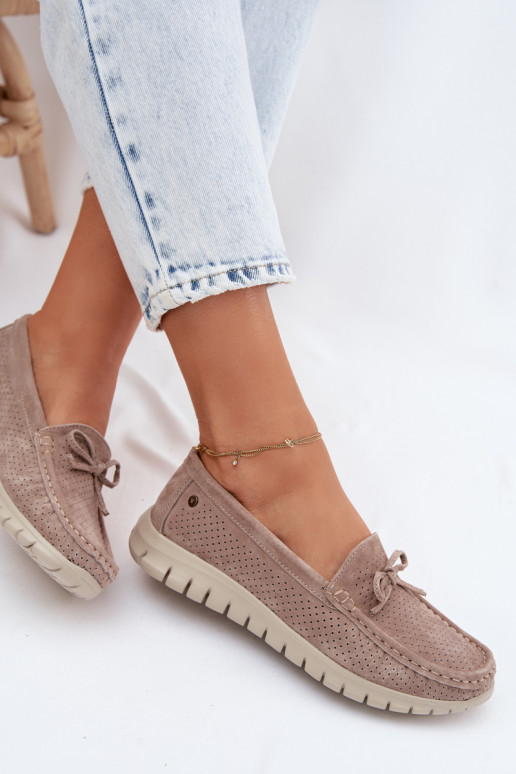 Women's Suede Loafers With Bow Vinceza Beige