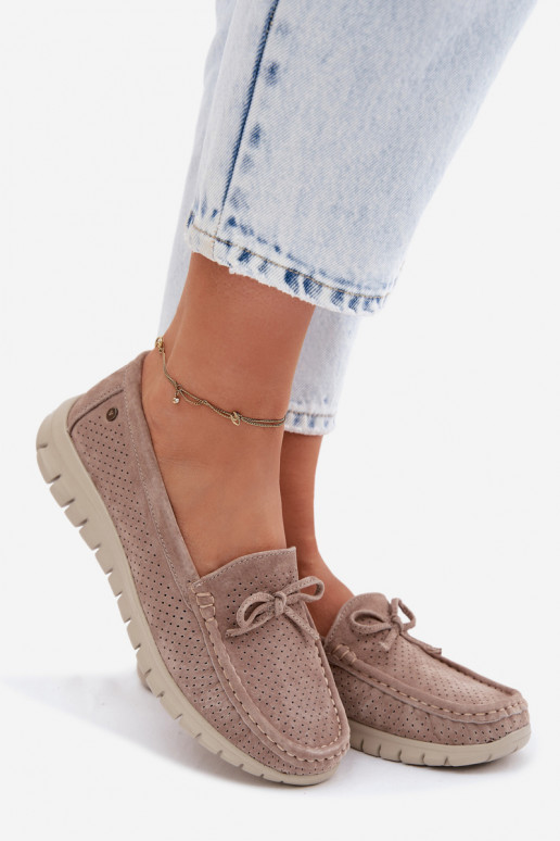 Women's Suede Loafers With Bow Vinceza Beige