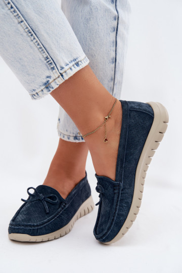 Dark blue faux suede women's moccasins with bows Vinceza 95401