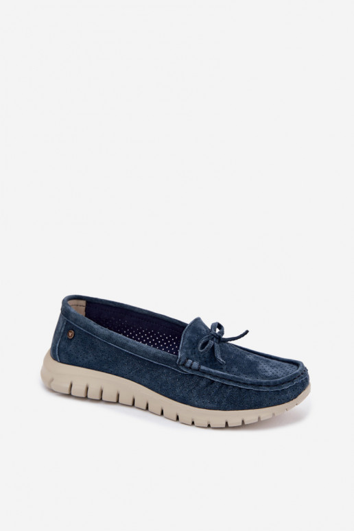 Dark blue faux suede women's moccasins with bows Vinceza 95401