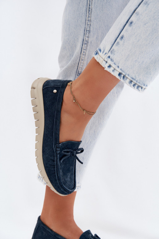 Women's Suede Loafers With Bow Vinceza 95401 Navy Blue