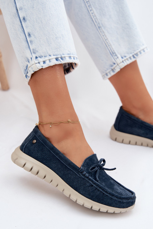 Women's Suede Loafers With Bow Vinceza 95401 Navy Blue