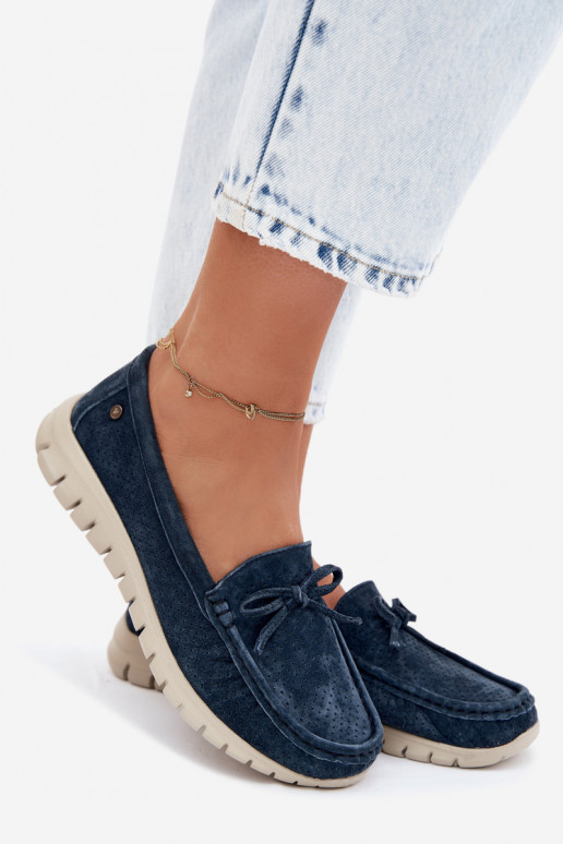 Women's Suede Loafers With Bow Vinceza 95401 Navy Blue