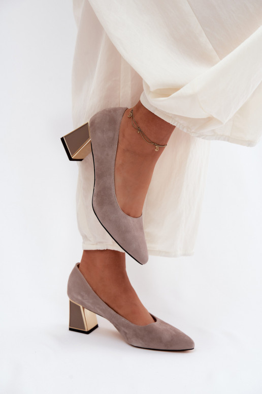Vinceza Beige Suede Leather Block Heel Pumps