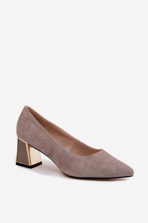 Vinceza Beige Suede Leather Block Heel Pumps