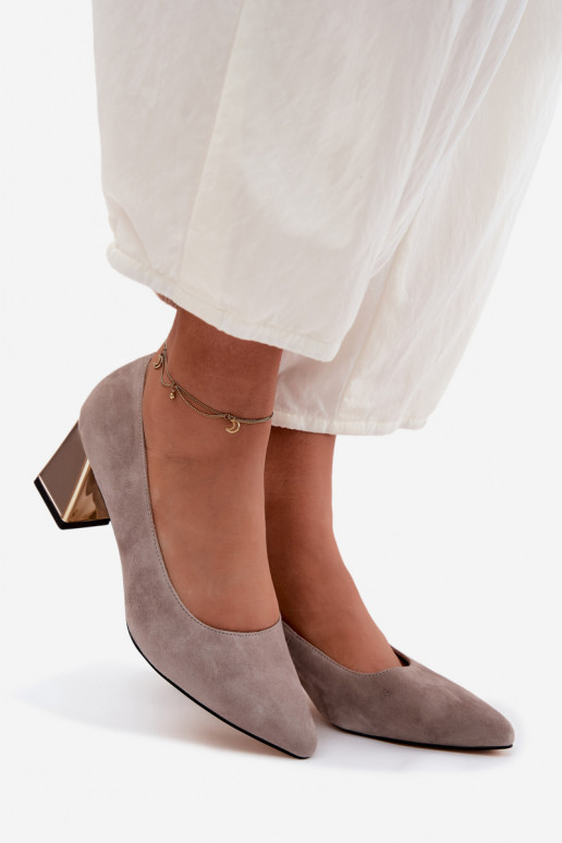 Vinceza Beige Suede Leather Block Heel Pumps